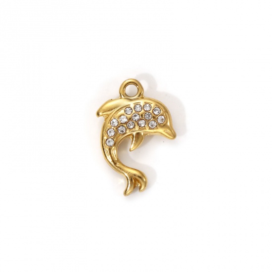 Picture of 1 Piece Eco-friendly PVD Vacuum Plating 304 Stainless Steel Ocean Jewelry Charms 18K Real Gold Plated Dolphin Animal Micro Pave Clear Cubic Zirconia 14mm x 9.5mm