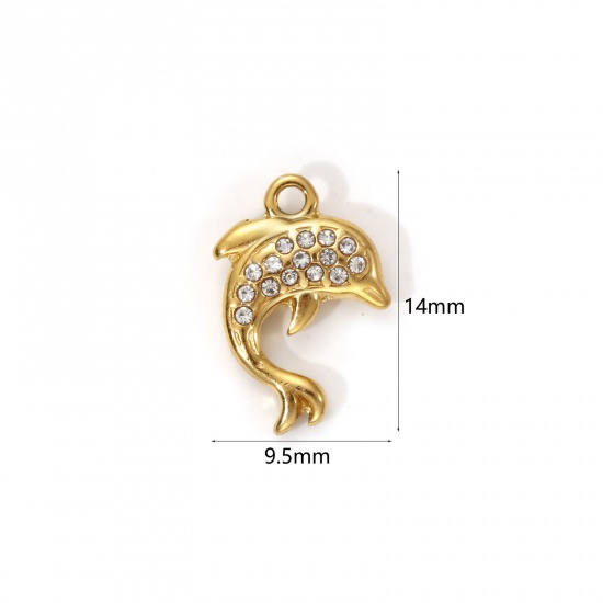 Picture of 1 Piece Eco-friendly PVD Vacuum Plating 304 Stainless Steel Ocean Jewelry Charms 18K Real Gold Plated Dolphin Animal Micro Pave Clear Cubic Zirconia 14mm x 9.5mm
