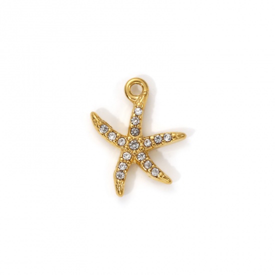 Picture of 1 Piece Eco-friendly PVD Vacuum Plating 304 Stainless Steel Ocean Jewelry Charms 18K Real Gold Plated Star Fish Micro Pave Clear Cubic Zirconia 14mm x 11mm