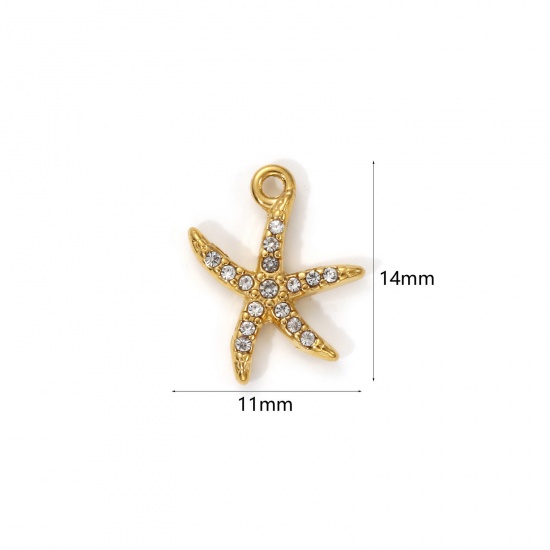 Picture of 1 Piece Eco-friendly PVD Vacuum Plating 304 Stainless Steel Ocean Jewelry Charms 18K Real Gold Plated Star Fish Micro Pave Clear Cubic Zirconia 14mm x 11mm