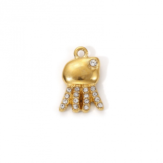Picture of 1 Piece Eco-friendly PVD Vacuum Plating 304 Stainless Steel Ocean Jewelry Charms 18K Real Gold Plated Octopus Micro Pave Clear Cubic Zirconia 14.5mm x 9.5mm