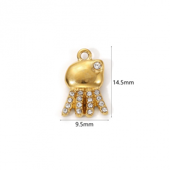 Picture of 1 Piece Eco-friendly PVD Vacuum Plating 304 Stainless Steel Ocean Jewelry Charms 18K Real Gold Plated Octopus Micro Pave Clear Cubic Zirconia 14.5mm x 9.5mm