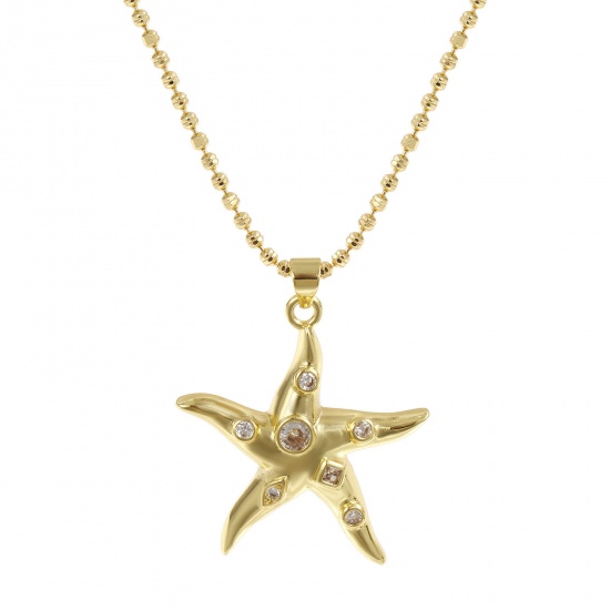 Bild von 18K Echtgold plattiert Kugelkette Kette Seesterne Anhänger Halskette, Messing 45cm + 5cm, Für Frauen, Klar Zirkonia Stilvoll Ozean Schmuck Geschenk, Umweltfreundlich, 1 Strang