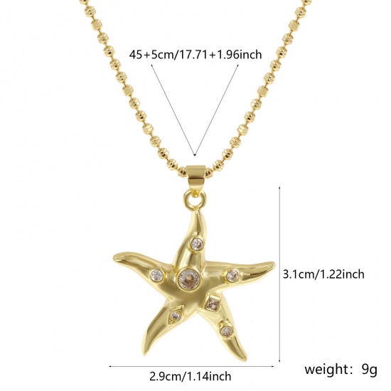 Bild von 18K Echtgold plattiert Kugelkette Kette Seesterne Anhänger Halskette, Messing 45cm + 5cm, Für Frauen, Klar Zirkonia Stilvoll Ozean Schmuck Geschenk, Umweltfreundlich, 1 Strang