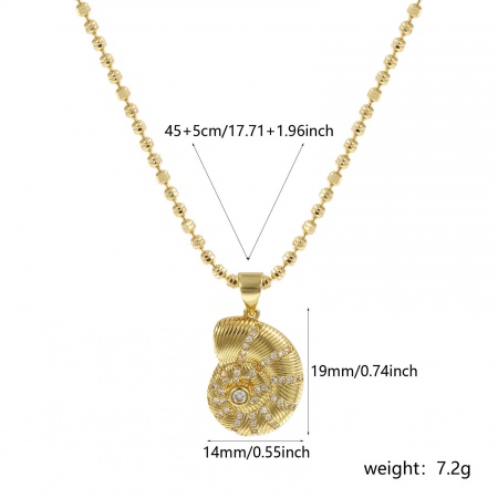 Picture of 18K Real Gold Plated Ball Chain Conch/ Sea Snail Pendant Charm Necklace, Brass 45cm(17.7") + 5cm(2"), For Women, Clear Cubic Zirconia Stylish Ocean Jewelry Gift, Eco-friendly, 1 Piece
