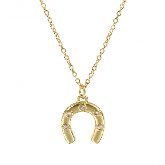 Image de Collier à Breloques Empreintes de Cheval Plaqué Or Véritable 18K en Laiton & Acrylique Pour Femmes, Chaîne Maille Forçat 46cm + 6cm, à Zircone Cubique Clair Cowboy de l'Ouest À la Mode Cadeau, Respectueux de la Nature, 1 Pièce
