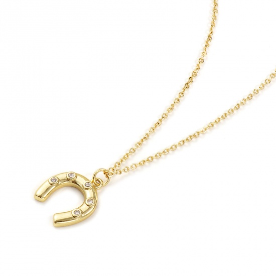 Image de Collier à Breloques Empreintes de Cheval Plaqué Or Véritable 18K en Laiton & Acrylique Pour Femmes, Chaîne Maille Forçat 46cm + 6cm, à Zircone Cubique Clair Cowboy de l'Ouest À la Mode Cadeau, Respectueux de la Nature, 1 Pièce