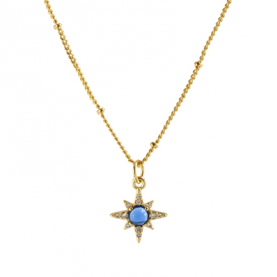 Picture of 18K Real Gold Plated Curb Link Chain Star Pendant Charm Necklace, Brass 45cm(17.7") + 5cm(2"), For Women, Clear Cubic Zirconia Dark Blue Exquisite Galaxy Gift, Eco-friendly, 1 Piece