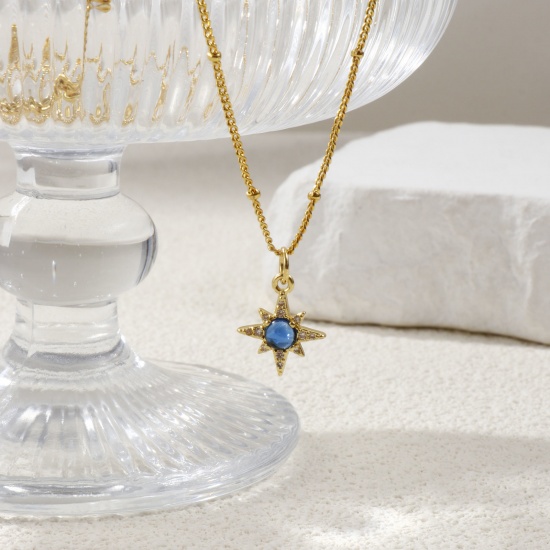 Picture of 18K Real Gold Plated Curb Link Chain Star Pendant Charm Necklace, Brass 45cm(17.7") + 5cm(2"), For Women, Clear Cubic Zirconia Dark Blue Exquisite Galaxy Gift, Eco-friendly, 1 Piece