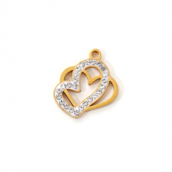 Immagine di 2 Pz Placcatura Sottovuoto PVD Ecologica 304 Acciaio Inossidabile San Valentino Ciondoli 18K Vero Oro Placcato Bianco Smalto Cuore Micro Spianare Trasparente Strass 18mm x 15mm