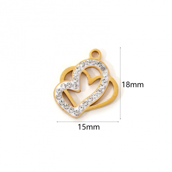 Immagine di 2 Pz Placcatura Sottovuoto PVD Ecologica 304 Acciaio Inossidabile San Valentino Ciondoli 18K Vero Oro Placcato Bianco Smalto Cuore Micro Spianare Trasparente Strass 18mm x 15mm