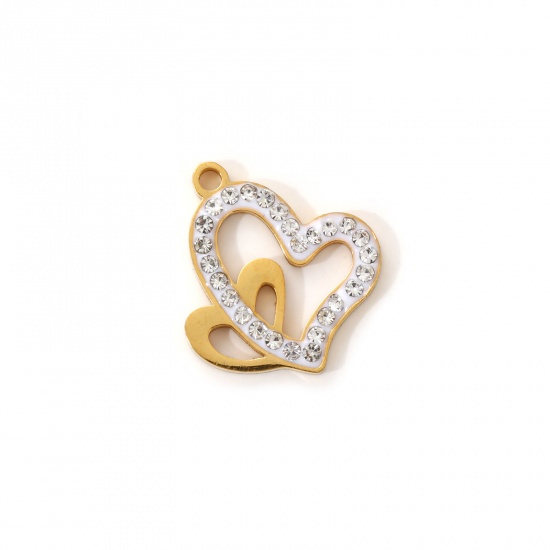 Immagine di 2 Pz Placcatura Sottovuoto PVD Ecologica 304 Acciaio Inossidabile San Valentino Ciondoli 18K Vero Oro Placcato Bianco Smalto Cuore Micro Spianare Trasparente Strass 18mm x 16mm