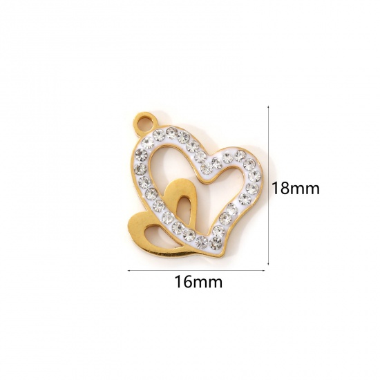 Immagine di 2 Pz Placcatura Sottovuoto PVD Ecologica 304 Acciaio Inossidabile San Valentino Ciondoli 18K Vero Oro Placcato Bianco Smalto Cuore Micro Spianare Trasparente Strass 18mm x 16mm