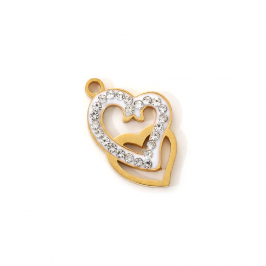 Immagine di 2 Pz Placcatura Sottovuoto PVD Ecologica 304 Acciaio Inossidabile San Valentino Ciondoli 18K Vero Oro Placcato Bianco Smalto Cuore Micro Spianare Trasparente Strass 20mm x 12.5mm
