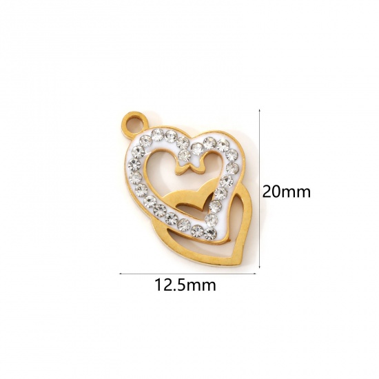 Immagine di 2 Pz Placcatura Sottovuoto PVD Ecologica 304 Acciaio Inossidabile San Valentino Ciondoli 18K Vero Oro Placcato Bianco Smalto Cuore Micro Spianare Trasparente Strass 20mm x 12.5mm