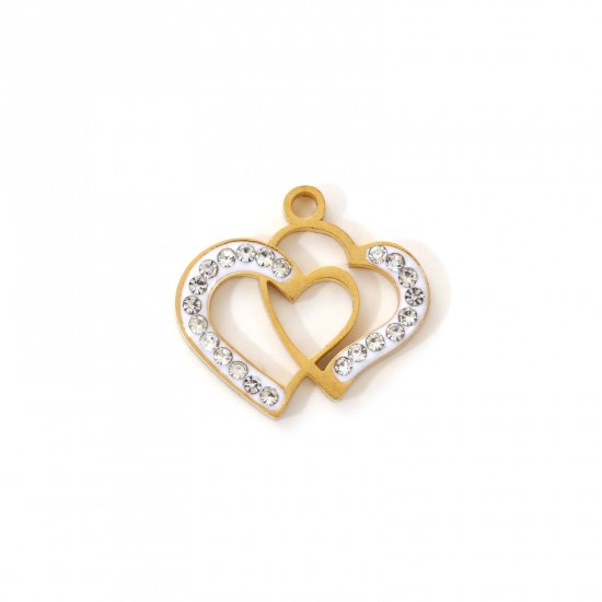 Immagine di 2 Pz Placcatura Sottovuoto PVD Ecologica 304 Acciaio Inossidabile San Valentino Ciondoli 18K Vero Oro Placcato Bianco Smalto Cuore Micro Spianare Trasparente Strass 18mm x 16mm