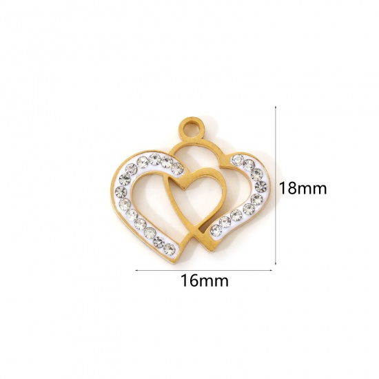 Immagine di 2 Pz Placcatura Sottovuoto PVD Ecologica 304 Acciaio Inossidabile San Valentino Ciondoli 18K Vero Oro Placcato Bianco Smalto Cuore Micro Spianare Trasparente Strass 18mm x 16mm