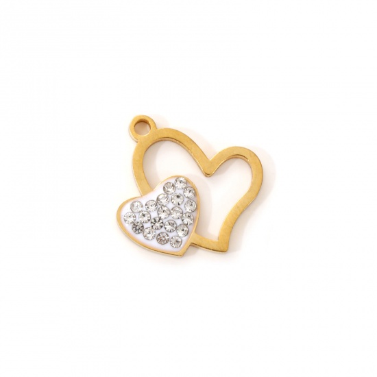 Immagine di 2 Pz Placcatura Sottovuoto PVD Ecologica 304 Acciaio Inossidabile San Valentino Ciondoli 18K Vero Oro Placcato Bianco Smalto Cuore Micro Spianare Trasparente Strass 18mm x 17mm