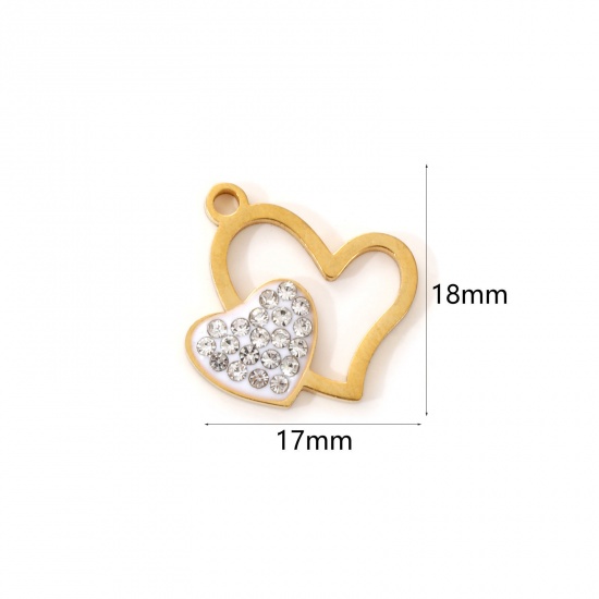 Immagine di 2 Pz Placcatura Sottovuoto PVD Ecologica 304 Acciaio Inossidabile San Valentino Ciondoli 18K Vero Oro Placcato Bianco Smalto Cuore Micro Spianare Trasparente Strass 18mm x 17mm