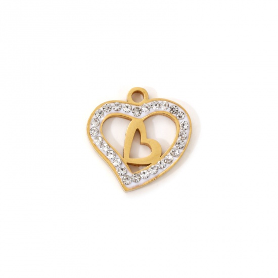 Immagine di 2 Pz Placcatura Sottovuoto PVD Ecologica 304 Acciaio Inossidabile San Valentino Ciondoli 18K Vero Oro Placcato Bianco Smalto Cuore Micro Spianare Trasparente Strass 16mm x 16mm