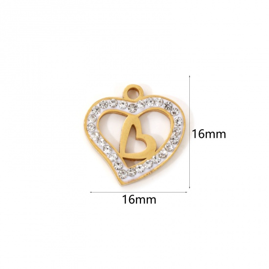 Immagine di 2 Pz Placcatura Sottovuoto PVD Ecologica 304 Acciaio Inossidabile San Valentino Ciondoli 18K Vero Oro Placcato Bianco Smalto Cuore Micro Spianare Trasparente Strass 16mm x 16mm