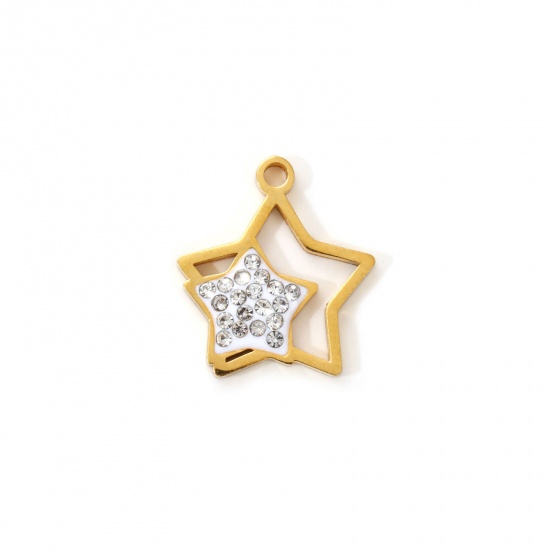 Immagine di 2 Pz Placcatura Sottovuoto PVD Ecologica 304 Acciaio Inossidabile Galassia Ciondoli 18K Vero Oro Placcato Bianco Smalto Stella a Cinque Punte Micro Spianare Trasparente Strass 18mm x 16mm