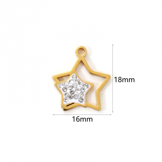 Immagine di 2 Pz Placcatura Sottovuoto PVD Ecologica 304 Acciaio Inossidabile Galassia Ciondoli 18K Vero Oro Placcato Bianco Smalto Stella a Cinque Punte Micro Spianare Trasparente Strass 18mm x 16mm
