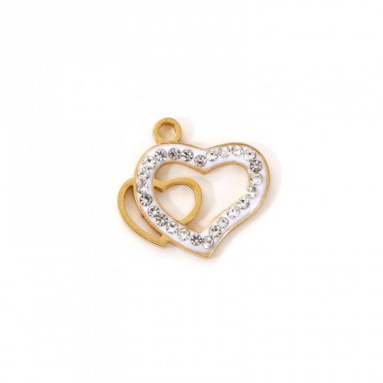 Immagine di 2 Pz Placcatura Sottovuoto PVD Ecologica 304 Acciaio Inossidabile San Valentino Ciondoli 18K Vero Oro Placcato Bianco Smalto Cuore Micro Spianare Trasparente Strass 17mm x 16mm