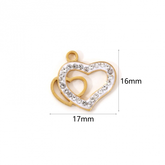 Immagine di 2 Pz Placcatura Sottovuoto PVD Ecologica 304 Acciaio Inossidabile San Valentino Ciondoli 18K Vero Oro Placcato Bianco Smalto Cuore Micro Spianare Trasparente Strass 17mm x 16mm