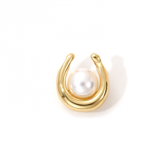 Imagen de 1 Unidad Latón Colgantes Chapado en Oro de 18K Blanco Forma de U Acrílico Imitación de Perla 15mm x 13mm