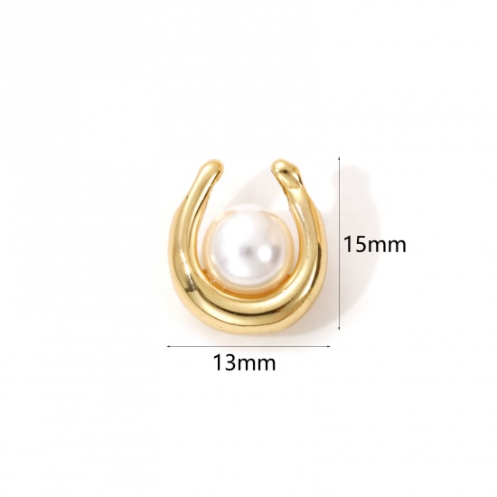 Imagen de 1 Unidad Latón Colgantes Chapado en Oro de 18K Blanco Forma de U Acrílico Imitación de Perla 15mm x 13mm