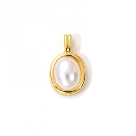 Imagen de 1 Unidad Latón Colgantes Chapado en Oro de 18K Blanco Óvalo Acrílico Imitación de Perla 18mm x 10.5mm