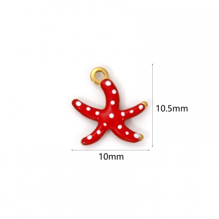 Picture of 5 PCs Eco-friendly PVD Vacuum Plating Waterproof Anti-Tarnish Hypoallergenic 304 Stainless Steel Ocean Jewelry Charms 18K Real Gold Plated Red Enamel Starfish Spot 10.5mm x 10mm