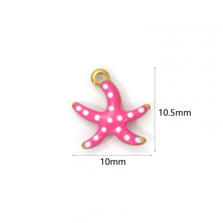 Picture of 5 PCs Eco-friendly PVD Vacuum Plating Waterproof Anti-Tarnish Hypoallergenic 304 Stainless Steel Ocean Jewelry Charms 18K Real Gold Plated Hot Pink Enamel Starfish Spot 10.5mm x 10mm