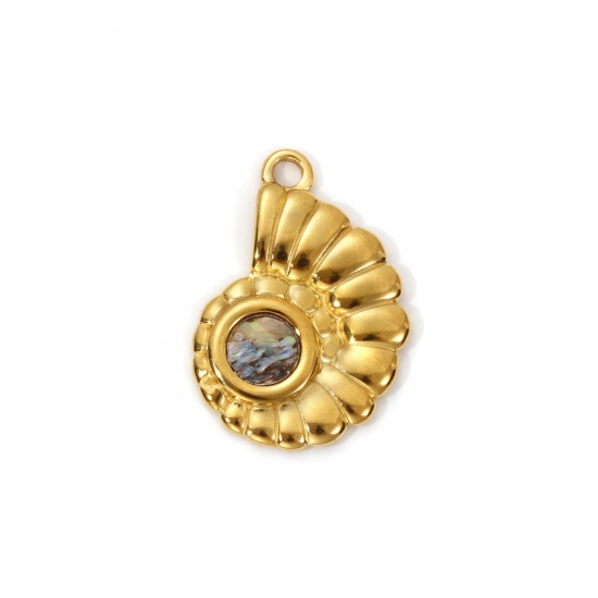 Picture of 2 PCs Eco-friendly PVD Vacuum Plating 304 Stainless Steel & Natural Shell Charms 18K Real Gold Plated Multicolor Conch/ Sea Snail 26mm x 18mm