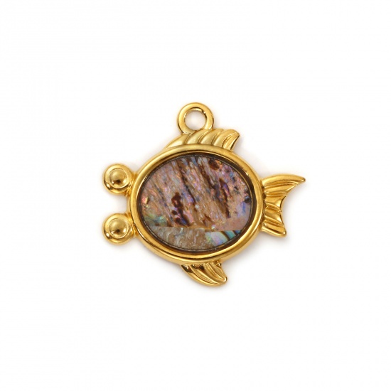Picture of 2 PCs Eco-friendly PVD Vacuum Plating 304 Stainless Steel & Natural Shell Ocean Jewelry Charms 18K Real Gold Plated Multicolor Goldfish 26mm x 24mm