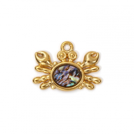 Picture of 2 PCs Eco-friendly PVD Vacuum Plating Waterproof Anti-Tarnish Hypoallergenic 304 Stainless Steel & Natural Shell Ocean Jewelry Charms 18K Real Gold Plated Multicolor Crab Animal 26mm x 19mm