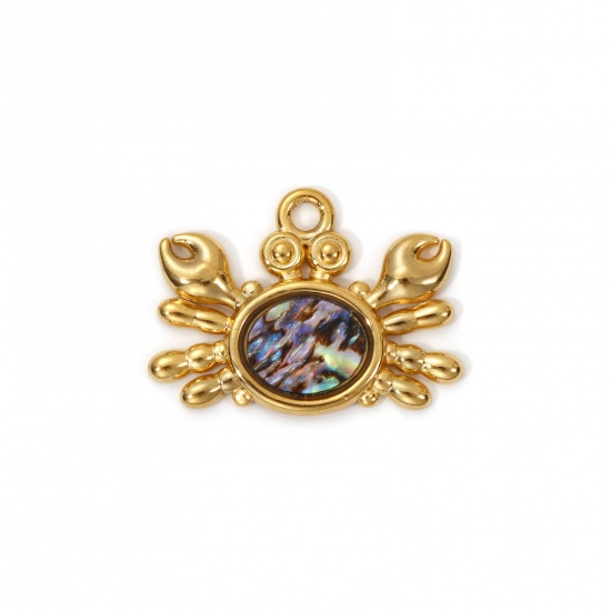 Picture of 2 PCs Eco-friendly PVD Vacuum Plating 304 Stainless Steel & Natural Shell Ocean Jewelry Charms 18K Real Gold Plated Multicolor Crab Animal 26mm x 19mm