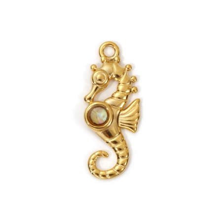 Picture of 2 PCs Eco-friendly PVD Vacuum Plating Waterproof Anti-Tarnish Hypoallergenic 304 Stainless Steel & Natural Shell Ocean Jewelry Pendants 18K Real Gold Plated Multicolor Seahorse Animal 3.2cm x 1.3cm