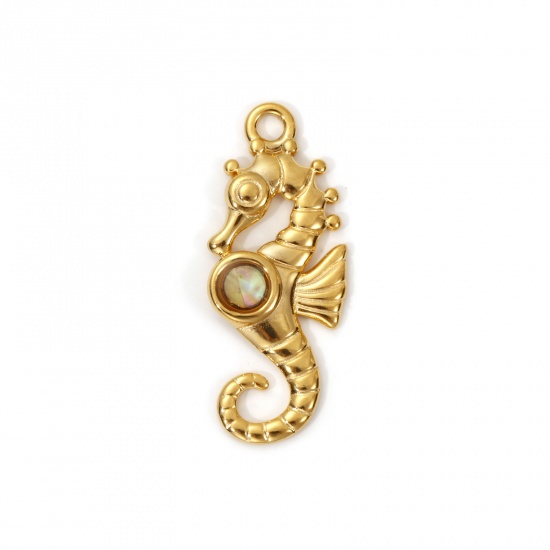 Picture of 2 PCs Eco-friendly PVD Vacuum Plating 304 Stainless Steel & Natural Shell Ocean Jewelry Pendants 18K Real Gold Plated Multicolor Seahorse Animal 3.2cm x 1.3cm