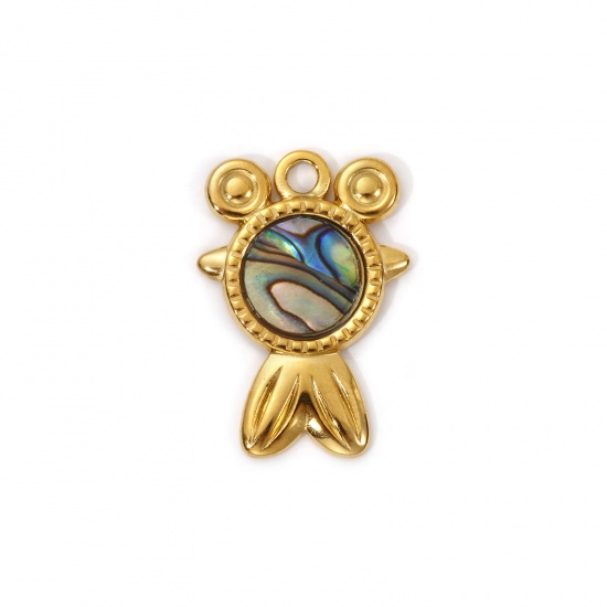Picture of 2 PCs Eco-friendly PVD Vacuum Plating 304 Stainless Steel & Natural Shell Ocean Jewelry Charms 18K Real Gold Plated Multicolor Goldfish 26mm x 18mm