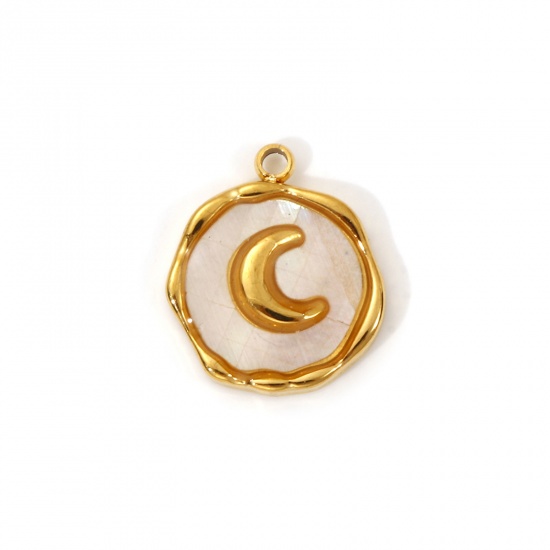 Imagen de 2 PCs Eco-friendly PVD Vacuum Plating 304 Stainless Steel & Natural Shell Galaxy Charms 18K Real Gold Plated White Irregular Moon 15mm x 13mm