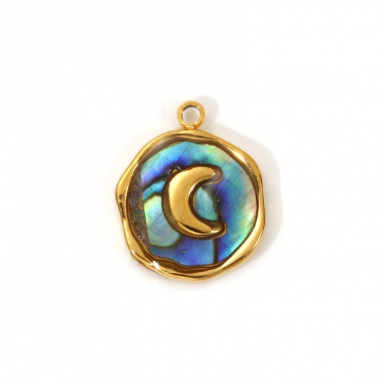 Imagen de 2 PCs Eco-friendly PVD Vacuum Plating 304 Stainless Steel & Natural Shell Galaxy Charms 18K Real Gold Plated Multicolor Irregular Moon 15mm x 13mm