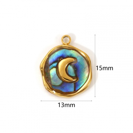 Picture of 2 PCs Eco-friendly PVD Vacuum Plating Waterproof Anti-Tarnish Hypoallergenic 304 Stainless Steel & Natural Shell Galaxy Charms 18K Real Gold Plated Multicolor Irregular Moon 15mm x 13mm