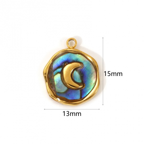 Imagen de 2 PCs Eco-friendly PVD Vacuum Plating 304 Stainless Steel & Natural Shell Galaxy Charms 18K Real Gold Plated Multicolor Irregular Moon 15mm x 13mm