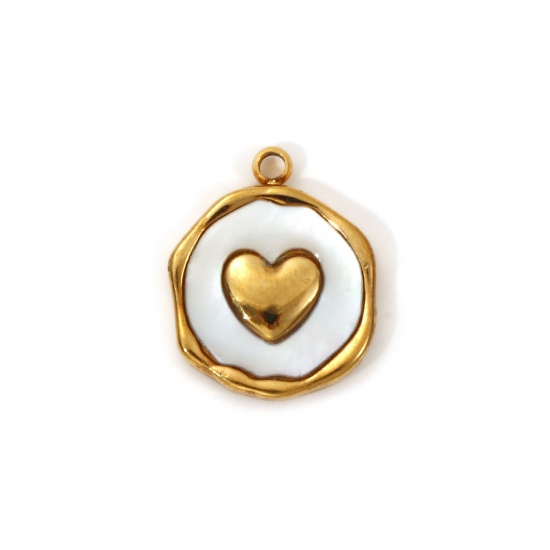 Imagen de 2 PCs Eco-friendly PVD Vacuum Plating 304 Stainless Steel & Natural Shell Valentine's Day Charms 18K Real Gold Plated White Irregular Heart 15mm x 13mm