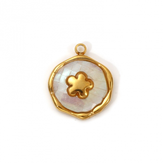 Imagen de 2 PCs Eco-friendly PVD Vacuum Plating 304 Stainless Steel & Natural Shell Flora Collection Charms 18K Real Gold Plated White Irregular Flower 16mm x 13mm