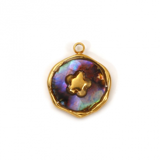 Imagen de 2 PCs Eco-friendly PVD Vacuum Plating 304 Stainless Steel & Natural Shell Flora Collection Charms 18K Real Gold Plated Multicolor Irregular Flower 16mm x 13mm