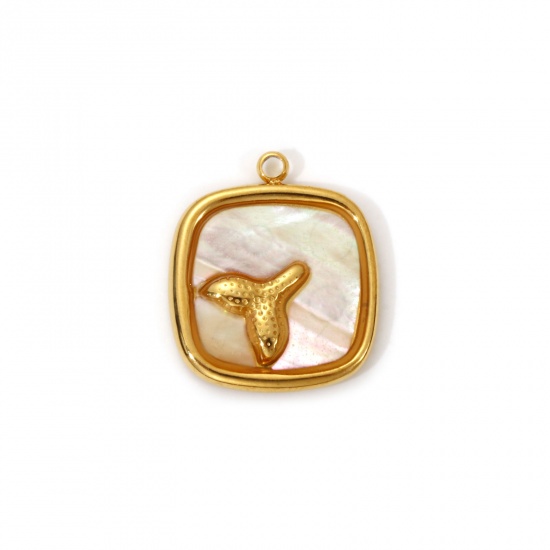 1 Piece Eco-friendly PVD Vacuum Plating 304 Stainless Steel & Natural Shell Charms 18K Real Gold Plated Creamy-White Square Fishtail 18mm x 16mm の画像