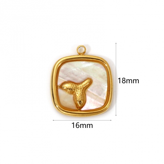 1 Piece Eco-friendly PVD Vacuum Plating 304 Stainless Steel & Natural Shell Charms 18K Real Gold Plated Creamy-White Square Fishtail 18mm x 16mm の画像